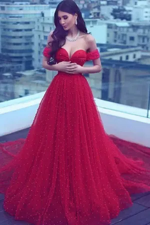 Tulle Dark Red A-Line Off Shoulder Long Prom Dress with Court Train, MP186