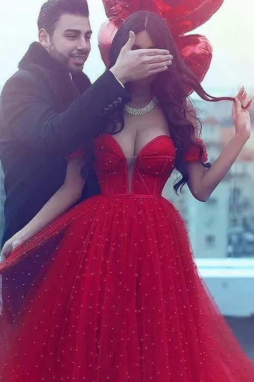 Tulle Dark Red A-Line Off Shoulder Long Prom Dress with Court Train, MP186