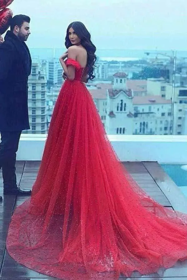 Tulle Dark Red A-Line Off Shoulder Long Prom Dress with Court Train, MP186
