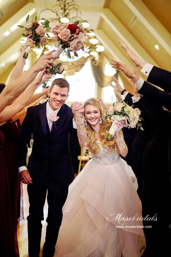 Tulle Open Back Bateau Neckline Long Sleeves Lace Wedding Dresses, MW986