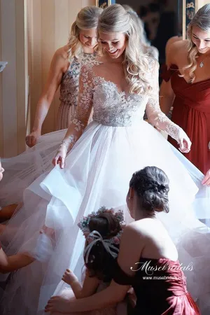 Tulle Open Back Bateau Neckline Long Sleeves Lace Wedding Dresses, MW986