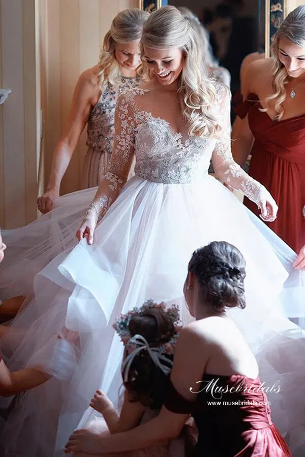 Tulle Open Back Bateau Neckline Long Sleeves Lace Wedding Dresses, MW986