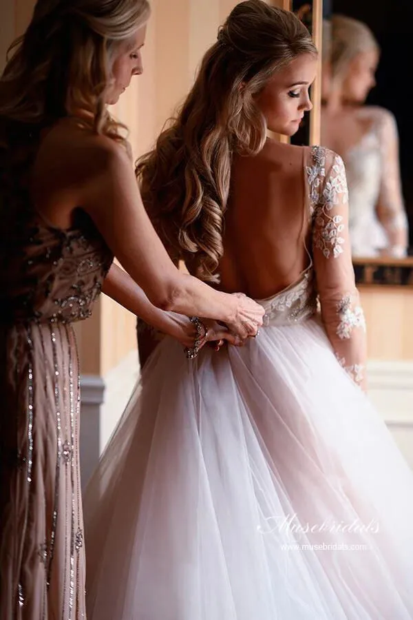Tulle Open Back Bateau Neckline Long Sleeves Lace Wedding Dresses, MW986