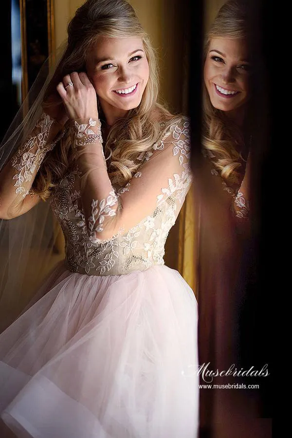 Tulle Open Back Bateau Neckline Long Sleeves Lace Wedding Dresses, MW986