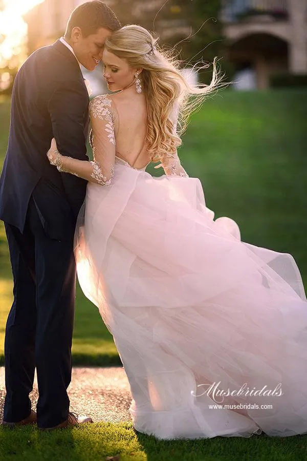 Tulle Open Back Bateau Neckline Long Sleeves Lace Wedding Dresses, MW986