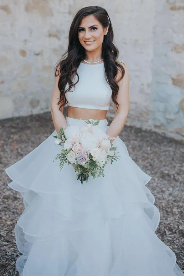 Two Piece Simple Wedding Dress Ruffle Modest Tulle Rustic Wedding Dress Bridal Gown CP029
