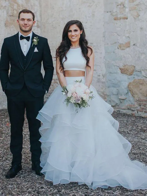 Two Piece Simple Wedding Dress Ruffle Modest Tulle Rustic Wedding Dress Bridal Gown CP029