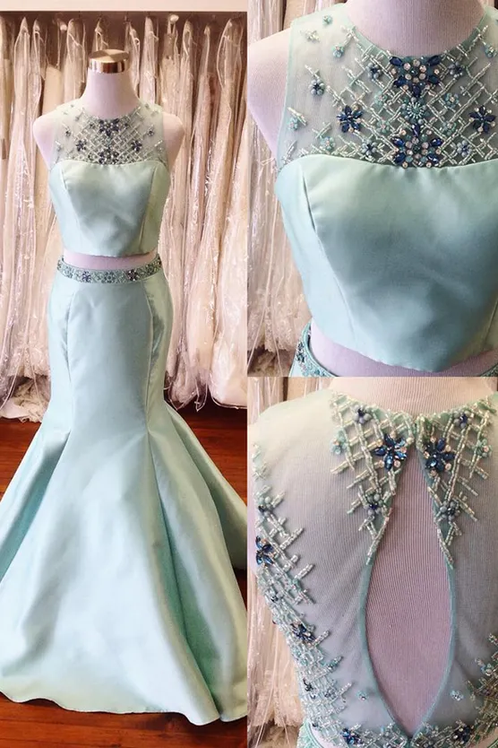 Two Pieces Long Mermaid Satin Prom Dress For Teens,Beading Mint Backless Prom Gowns OK502