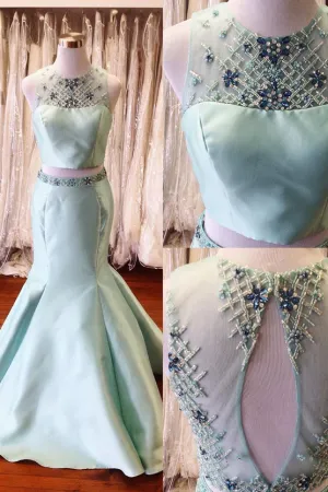 Two Pieces Long Mermaid Satin Prom Dress For Teens,Beading Mint Backless Prom Gowns OK502