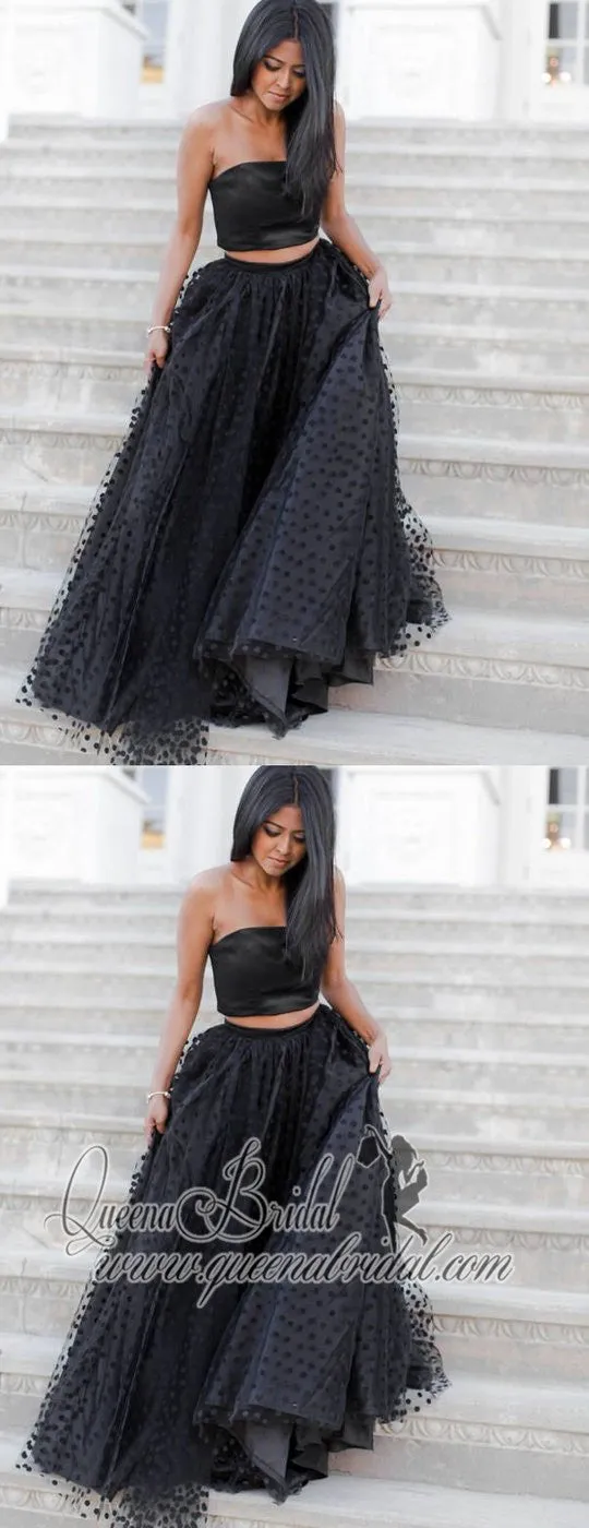Two Pieces Strapless Long Cheap Tulle Formal Prom Dresses, QB0471