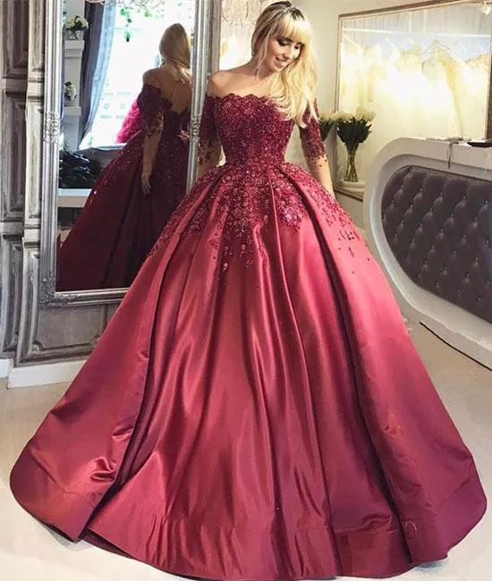 Unique Off Shoulder Burgundy Lace Satin Prom Dress, Burgundy Prom Gown, Burgundy Evening Dress