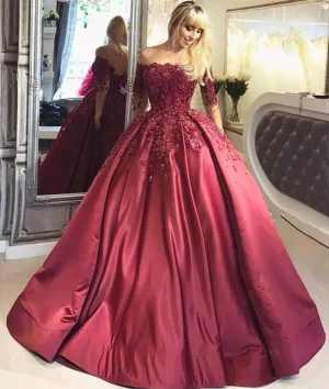 Unique Off Shoulder Burgundy Lace Satin Prom Dress, Burgundy Prom Gown, Burgundy Evening Dress