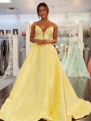 V Neck Backless Strapless Yellow Long Prom Dresses, Backless Yellow Formal Graduation Evening Dresses