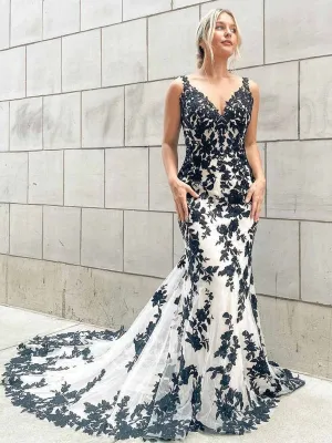V Neck Mermaid White Long Prom Dresses with Blue Lace, Mermaid Blue Lace Formal Evening Dresses