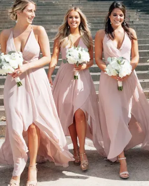 V Neck Split Chiffon Simple Halter Bridesmaid Dresses