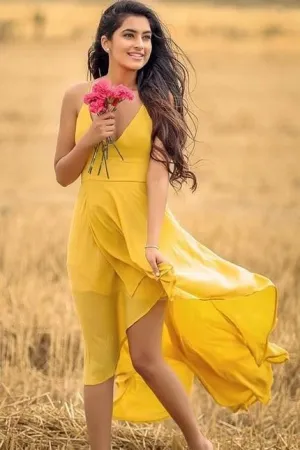 V-neckline Yellow High Low Prom Dresses with X Back