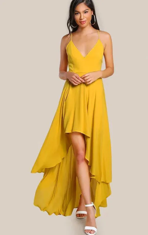 V-neckline Yellow High Low Prom Dresses with X Back