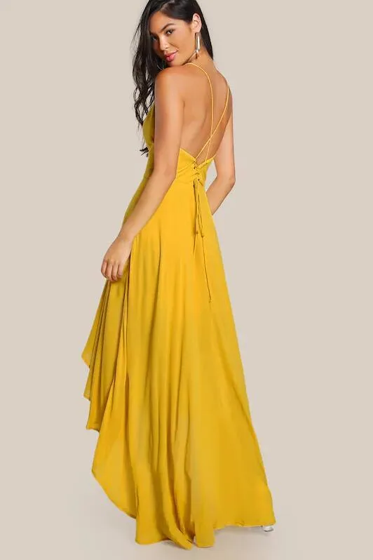 V-neckline Yellow High Low Prom Dresses with X Back