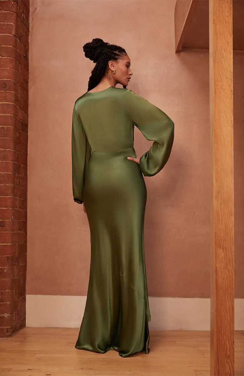 Valencia Dress in Olive Viscose Satin