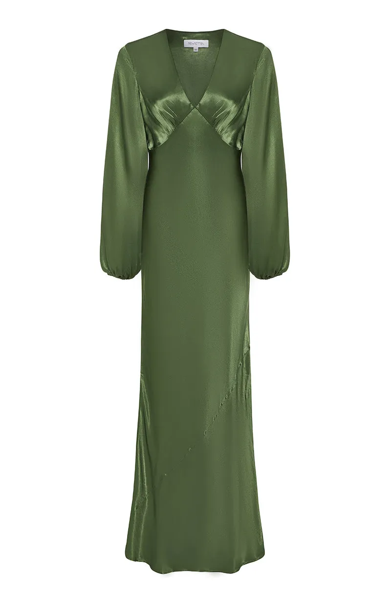 Valencia Dress in Olive Viscose Satin