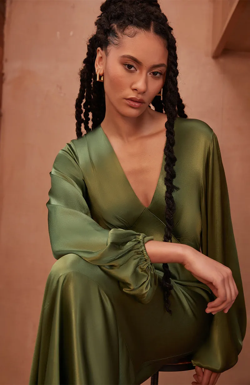 Valencia Dress in Olive Viscose Satin