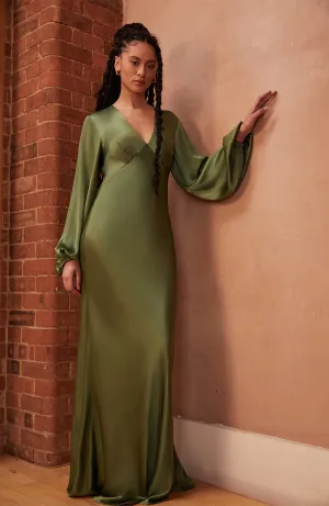 Valencia Dress in Olive Viscose Satin