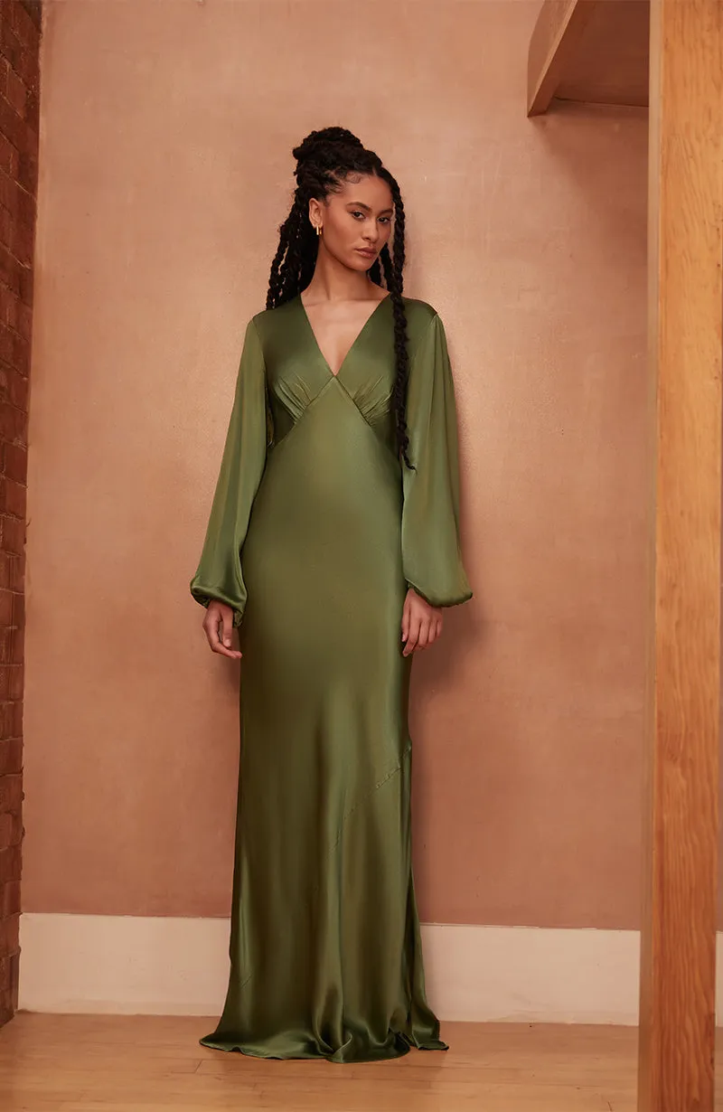 Valencia Dress in Olive Viscose Satin
