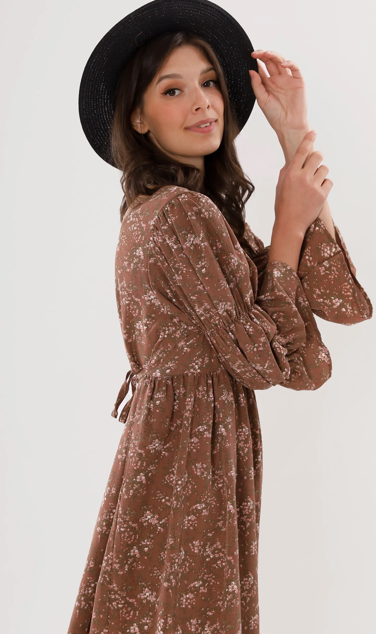 VALERIE Tiered-Sleeve Floral Dress (Mocha)