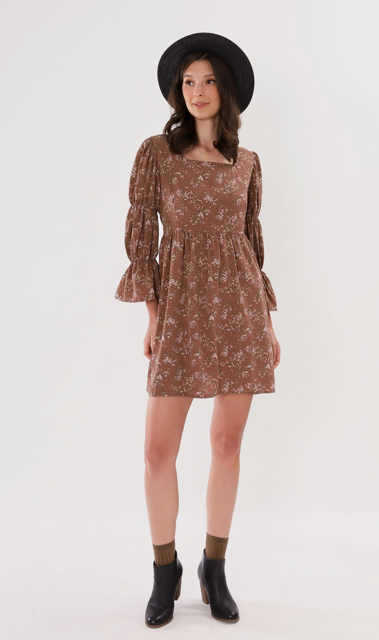 VALERIE Tiered-Sleeve Floral Dress (Mocha)