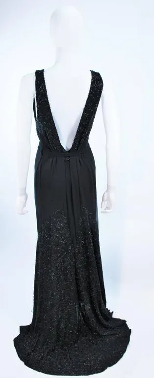 VINTAGE Circa 1920s Black Silk Chiffon Gown, Beading Size 8-10