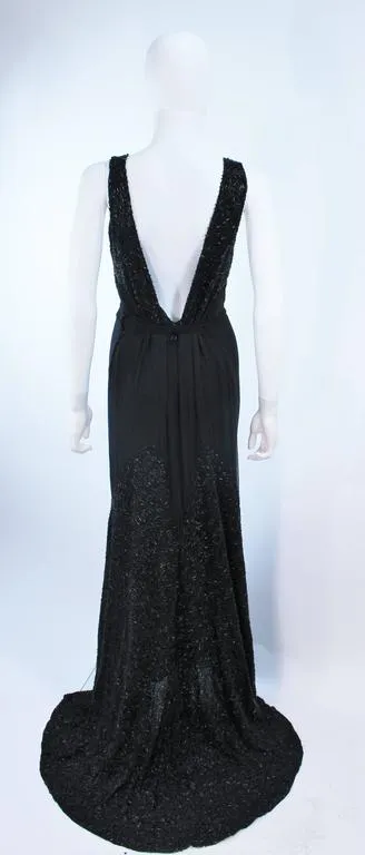 VINTAGE Circa 1920s Black Silk Chiffon Gown, Beading Size 8-10