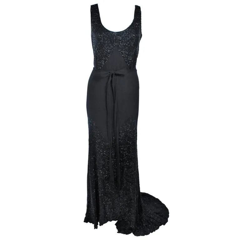 VINTAGE Circa 1920s Black Silk Chiffon Gown, Beading Size 8-10