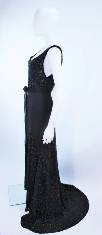 VINTAGE Circa 1920s Black Silk Chiffon Gown, Beading Size 8-10