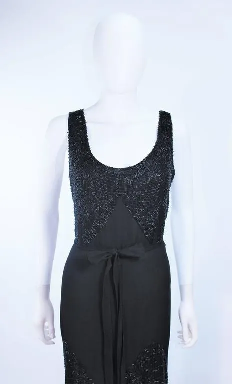 VINTAGE Circa 1920s Black Silk Chiffon Gown, Beading Size 8-10