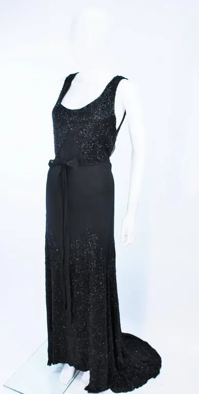 VINTAGE Circa 1920s Black Silk Chiffon Gown, Beading Size 8-10