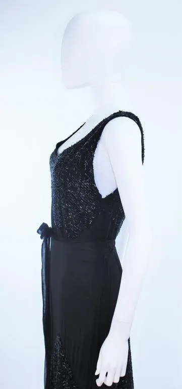 VINTAGE Circa 1920s Black Silk Chiffon Gown, Beading Size 8-10