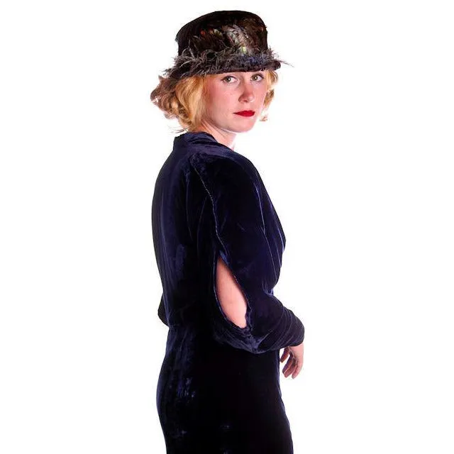Vintage Dress Blue Silk Velvet Gown 1930s Cut Out Sleeves XL 44-36-44