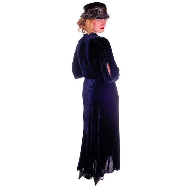 Vintage Dress Blue Silk Velvet Gown 1930s Cut Out Sleeves XL 44-36-44