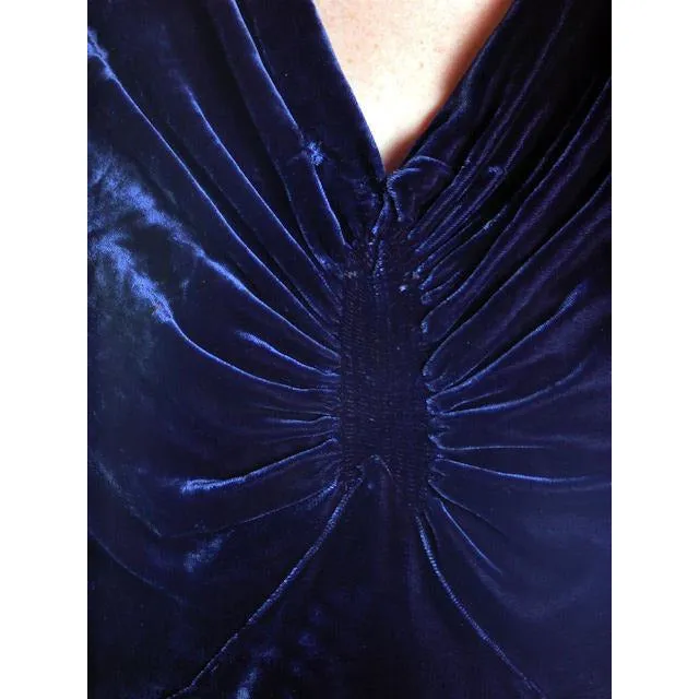 Vintage Dress Blue Silk Velvet Gown 1930s Cut Out Sleeves XL 44-36-44