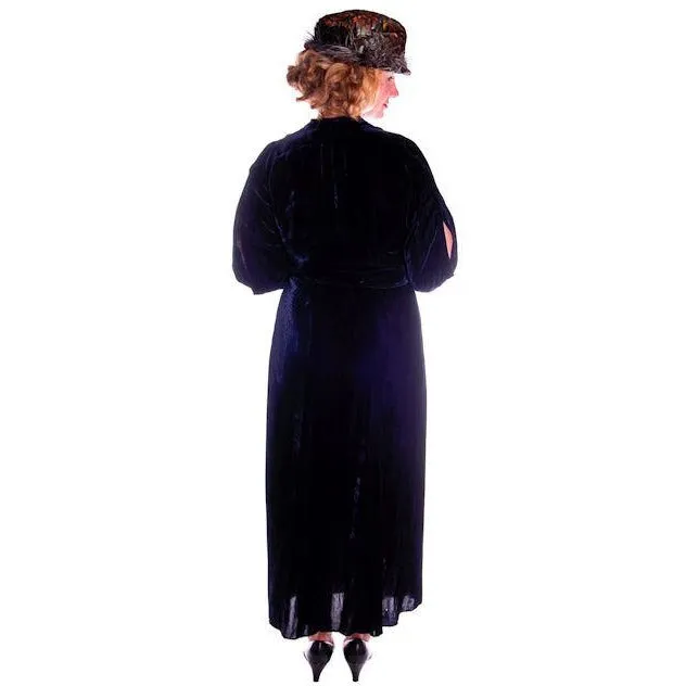 Vintage Dress Blue Silk Velvet Gown 1930s Cut Out Sleeves XL 44-36-44
