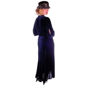 Vintage Dress Blue Silk Velvet Gown 1930s Cut Out Sleeves XL 44-36-44