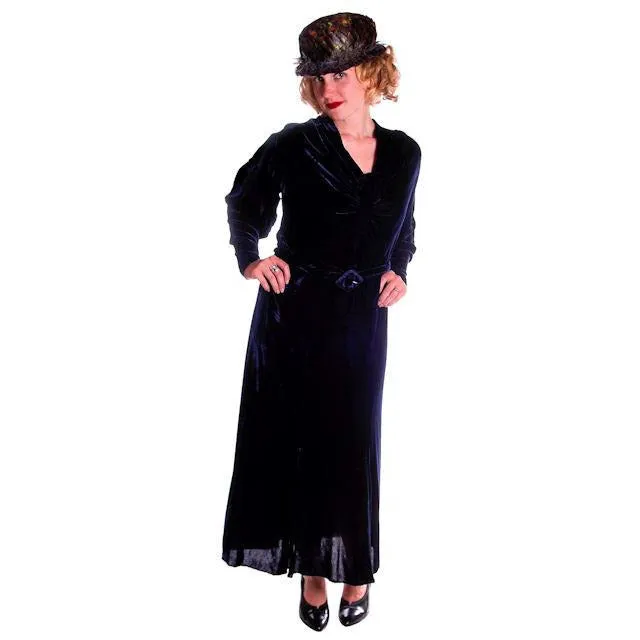 Vintage Dress Blue Silk Velvet Gown 1930s Cut Out Sleeves XL 44-36-44