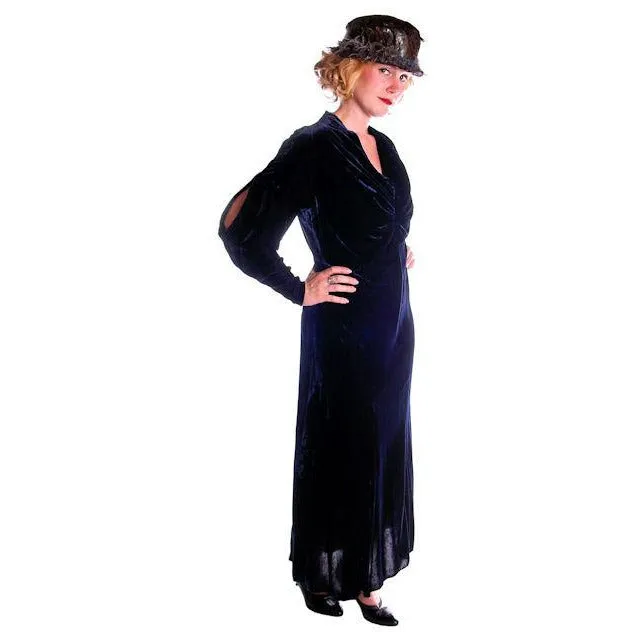 Vintage Dress Blue Silk Velvet Gown 1930s Cut Out Sleeves XL 44-36-44
