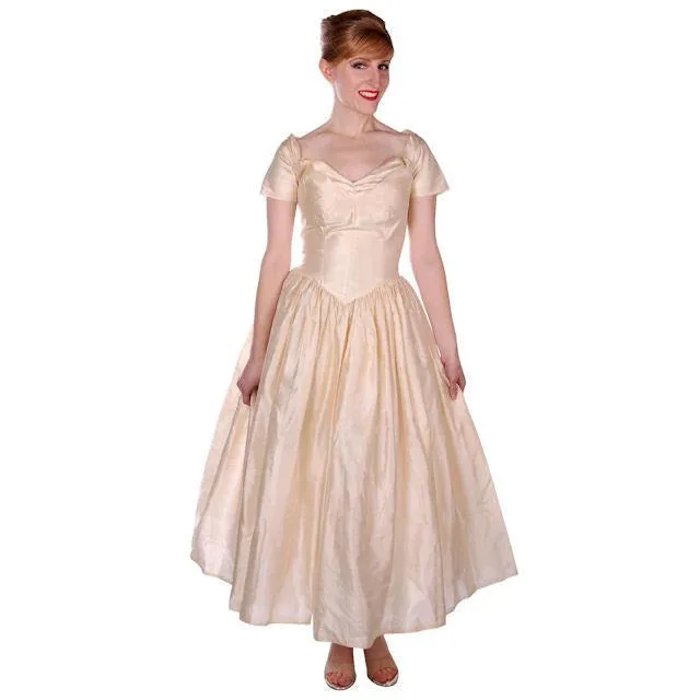 Vintage Raw Silk Ivory Wedding or Evening Gown 1950s 32-25-Free