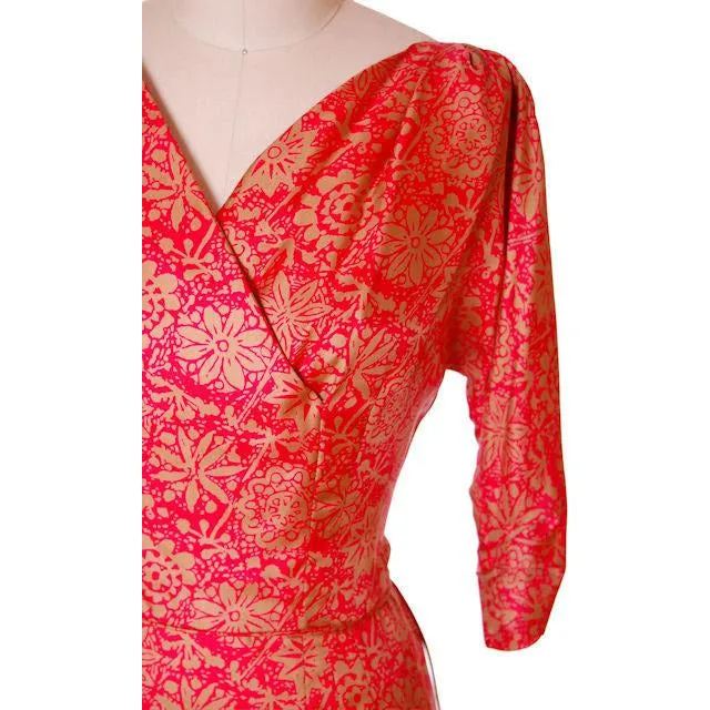 Vintage Red & Gold  Print SIlk Dress R&K Original 1950s  36-28-41