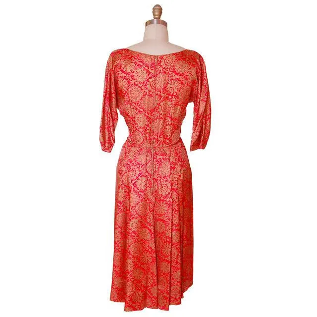 Vintage Red & Gold  Print SIlk Dress R&K Original 1950s  36-28-41