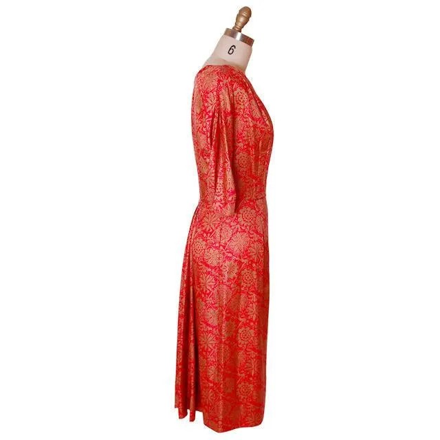 Vintage Red & Gold  Print SIlk Dress R&K Original 1950s  36-28-41