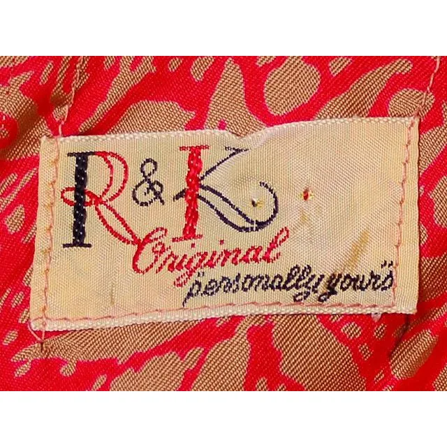 Vintage Red & Gold  Print SIlk Dress R&K Original 1950s  36-28-41