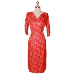 Vintage Red & Gold  Print SIlk Dress R&K Original 1950s  36-28-41