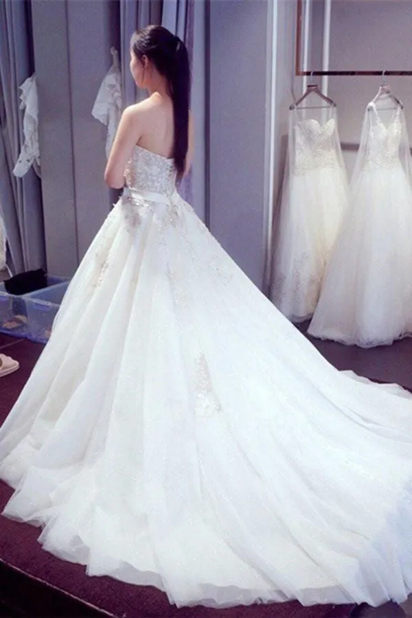 White A Line Court Train Sweetheart Sleeveless Beading Wedding Dresses